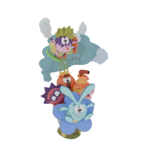 Uma renderização 3D de um buquê colorido feito de personagens cartoon fofos, incluindo uma flor-coelho azul e outras figuras