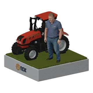 3D model of a red tractor and a farmer standing on a green grassy base, with a logo on the front.