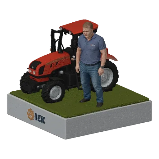 3D model of a red tractor and a farmer standing on a green grassy base, with a logo on the front.
