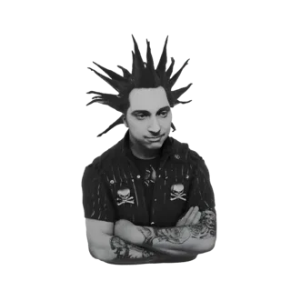 Modelo 3D de um homem punk com mohawk espetado, vestindo uma camisa listrada com emblemas de caveira, e em pé com os braços c