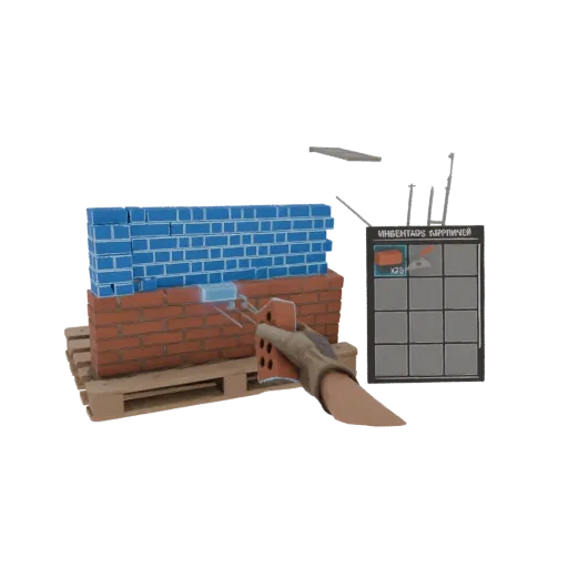 3D model of a VR construction worker's gloved hand holding a brick, about to place it on a red and blue brick wall, with tool