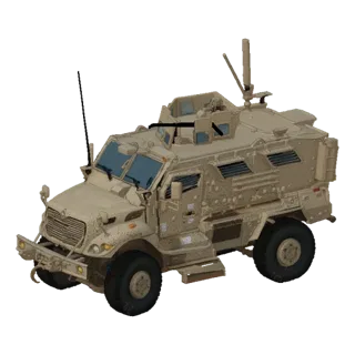 3D model of a desert camouflage armored personnel carrier with visible wheels, windows, and turret.