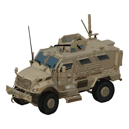3D model of a desert camouflage armored personnel carrier with visible wheels, windows, and turret.