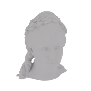 Modelo 3D de busto de mujer clásica con corona de laurel, renderizado en material gris neutro.