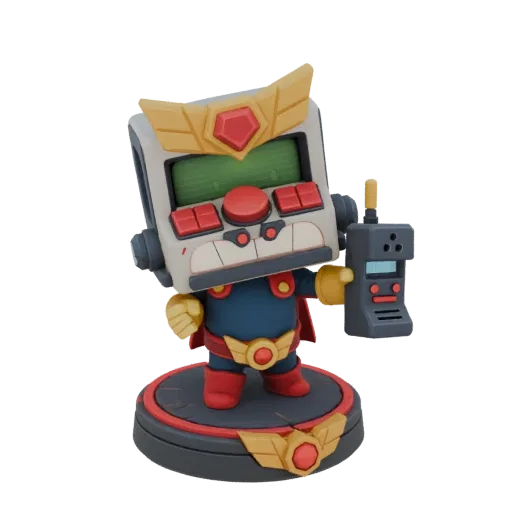 3D model of a retro robot commander with a blue cape, holding a gray communication device, standing on a circular base.