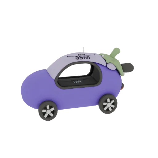 Modelo 3D de carrinho em forma de berinjela para bonecas, cor roxa, com rodas giratórias e cabine.