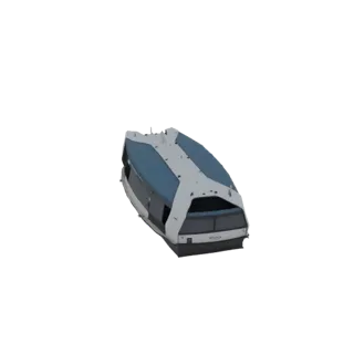 Modèle 3D d'un bateau hydrofoil électrique solaire blanc et bleu moderne, au design élégant et aérodynamique.