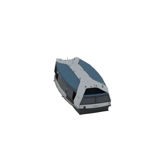 3D model of a modern white and blue solar-powered electric hydrofoil boat with a sleek, aerodynamic design.