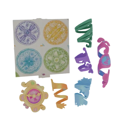 3D render of a golden magical compass with ornate purple, yellow, blue, and green circular seals arranged around it.