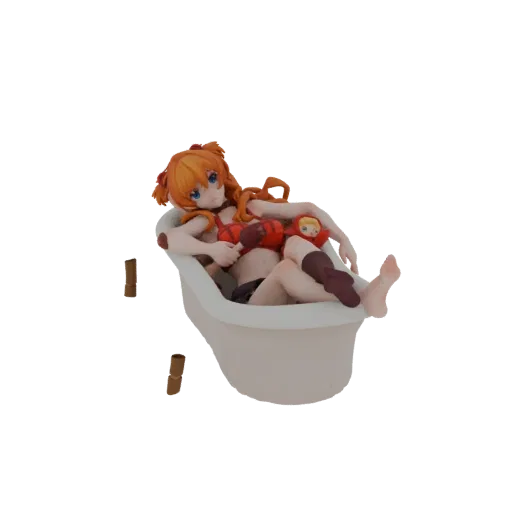 3D model of Asuka from Evangelion sitting in a bathtub, holding a doll.