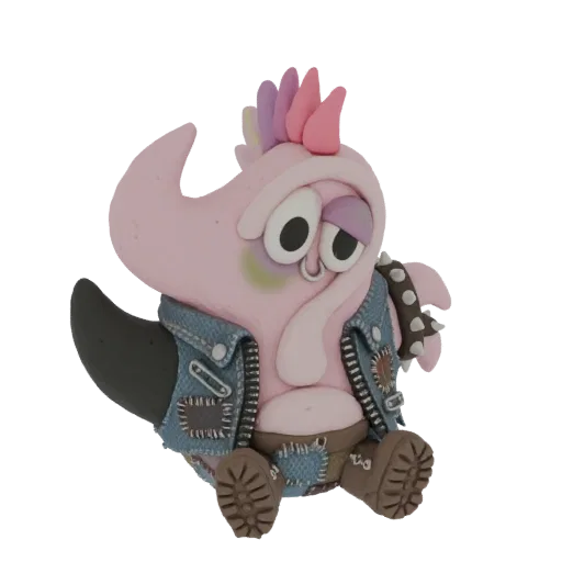 3D model of a pink punk rock monster with a denim jacket, spiked collar, and colorful mohawk, sitting down.
