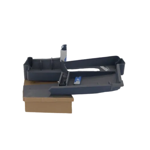 3D model of a futuristic car race track with a blue and gray design, featuring a car launcher and two miniature cars on a tan