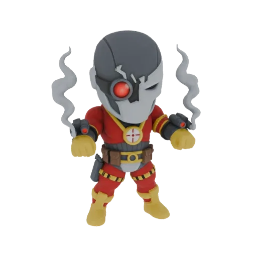 Modelo 3D de um personagem chibi Deadshot usando máscara e traje vermelho, segurando pistolas fumegantes.