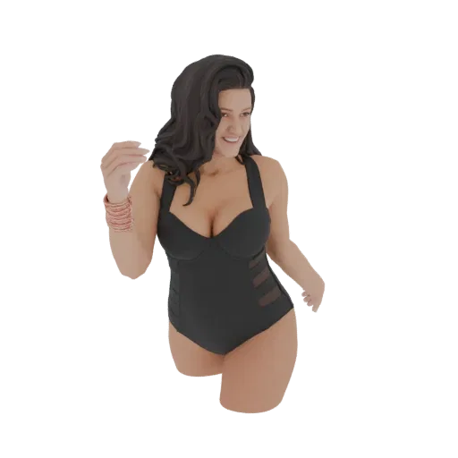 3D-Modell einer Frau mit dunklen Wellenhaaren, lächelnd und in einem schwarzen Einteiler-Badeanzug mit Netz-Seitenteilen.