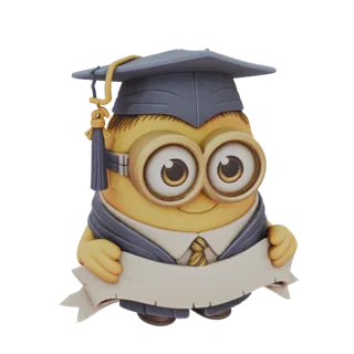 Modelo 3D de um personagem Minion amarelo usando capelo e beca de formatura, segurando uma faixa branca em branco.