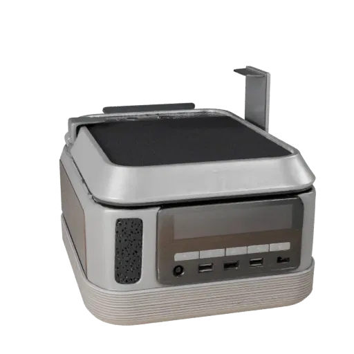 Modello 3D Altoparlante Smart Retrò, interno casa, rendering studio tre quarti, dettaglio plastica.