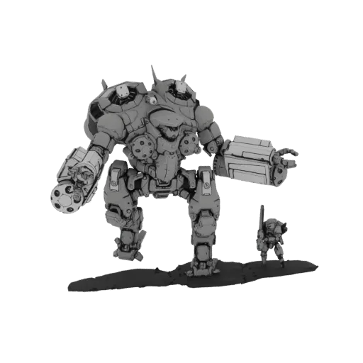 3D model of a large, grey, heavily armored assault mech standing next to a smaller, similarly styled soldier on a dark base.