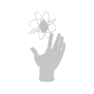 3D model of a stylized, pixelated hand holding a glowing atom with orbiting electrons against a black background.