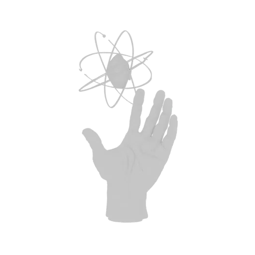 3D model of a stylized, pixelated hand holding a glowing atom with orbiting electrons against a black background.