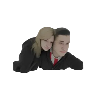 Modelo 3D de una pareja abrazándose, con una persona apoyando la cabeza en el hombro de la otra, ambos vistiendo chaquetas os