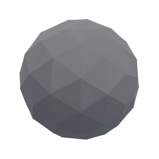 A 3D render of a low-poly sphere made of grey triangular facets, isolated on a white background.