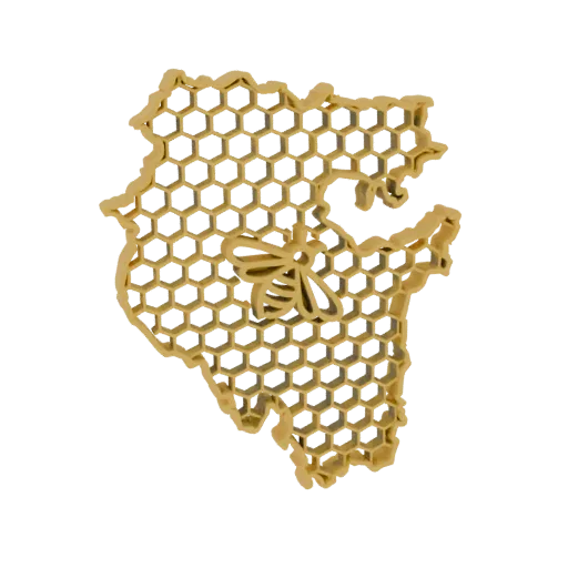 3D render of a golden honeycomb map with a bee, isolated on a white background.