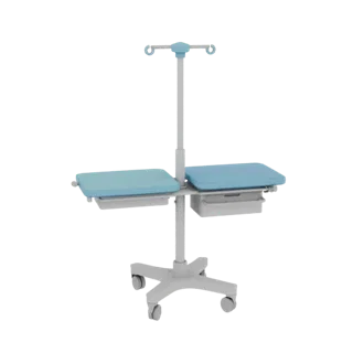 Clinic IV Stand 3D model, side profile view, technical viewport render, showing painted metal, clinical silhouette.