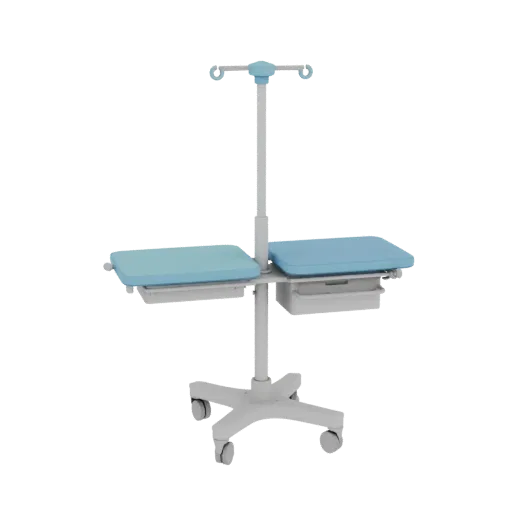 Modelo 3D de Suporte de Soros Clínico, vista de perfil lateral, renderização de viewport técnico, mostrando metal pintado, si