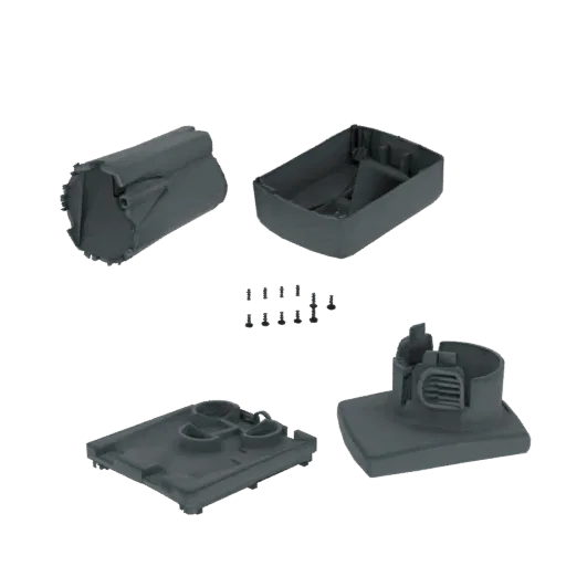 3D model of disassembled modular battery pack components: casing, internal structure, and screws, on a black background.