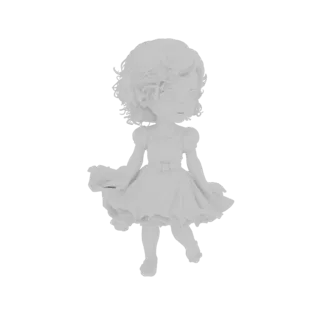 A 3D render of a white, untextured chibi ballerina figurine in a dancing pose, with curly hair and a flowing dress.