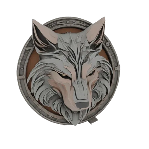 3D model of a stylized wolf head with sharp, angular features, set within an ornate circular metallic frame, against a white