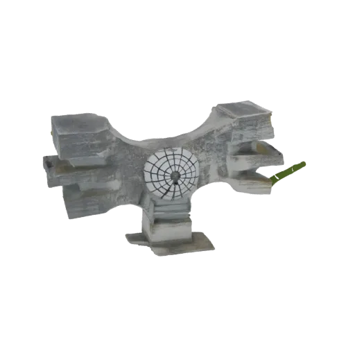 3D model of a futuristic geometric sculpture with sharp angles and a central radial disc, rendered against a black background