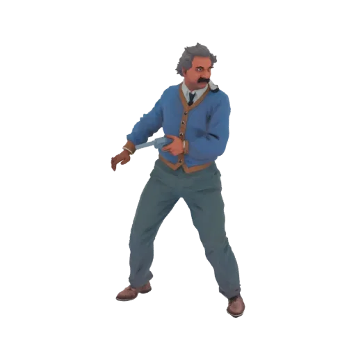 Modelo 3D de Albert Einstein en cárdigan azul, sosteniendo un revólver vintage, con expresión decidida.