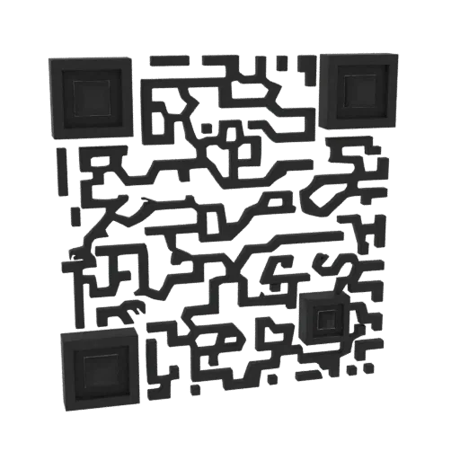A 3D render of a dark, matte black QR code with intricate patterns and subtle depth, set against a black background.