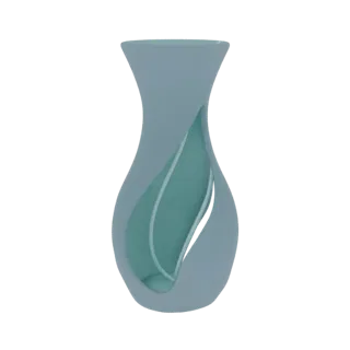 Modelo 3D de un jarrón abstracto moderno con una espiral exterior azul grisácea y un interior verde azulado similar a una hoj
