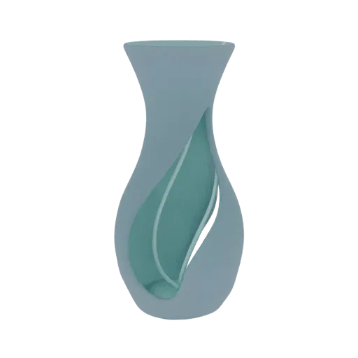 Modèle 3D d'un vase abstrait moderne avec un extérieur tourbillon bleu-gris et un intérieur vert sarcelle semblable à une feu