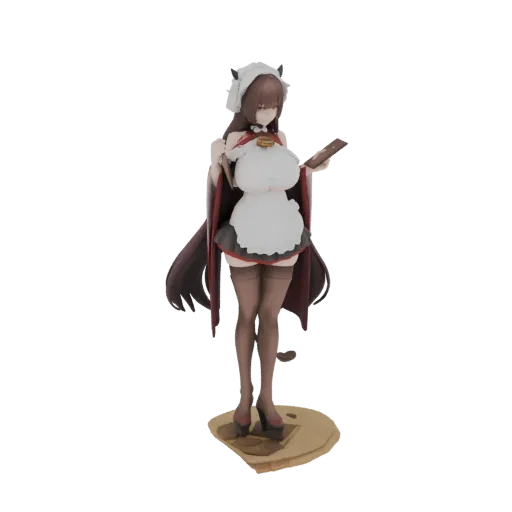 3D model of an anime girl in a maid outfit with cat ears and tail, holding a chocolate bar.