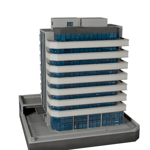 Complesso Uffici Commerciale modello 3D stilizzato, vista isometrica di ambiente di gioco stilizzato, che mostra materiali di