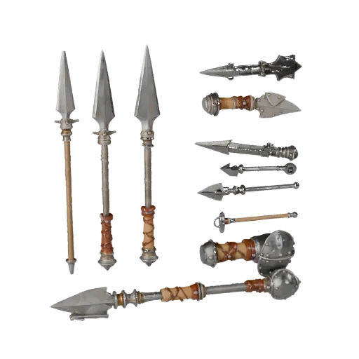Fantasy Spear Prop Modular 3D model, isometric modular kit view, showing worn metal, readable prop silhouette.