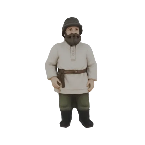 3D model of a Russian peasant man wearing a tunic, belt, trousers, and hat, with a full beard.
