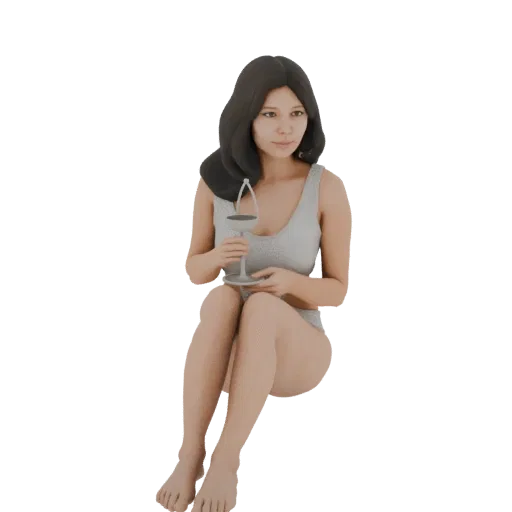 3D render of a young woman with dark hair, seated and holding a wine glass, looking slightly to the side.