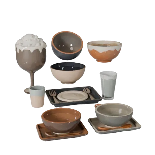 Banquet Salad Bowl Set Stylized 3D model, stylized isometric render, showing ceramic, arranged serving layout.
