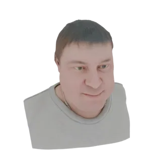 Modelo 3D de un hombre gordito con sonrisa amigable, luciendo un collar plateado, sobre fondo blanco.