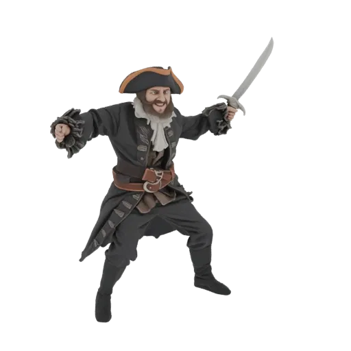 3D-Modell eines Piratenkapitäns in Action-Pose, der ein Schwert hält und wild aussieht, vor weißem Hintergrund.