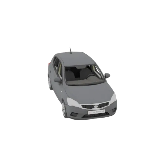 A 3D model render of a gray hatchback car, viewed from a slightly elevated front-right angle against a black background.