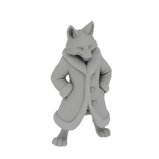 3D model render of an anthropomorphic fox wearing a fur-lined coat, standing with hands in pockets.