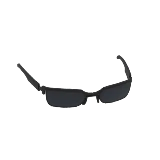 3D model of black rectangular wrap sunglasses with dark lenses and a matte black frame, presented on a black background.