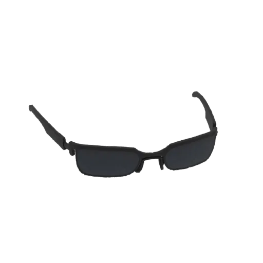 3D model of black rectangular wrap sunglasses with dark lenses and a matte black frame, presented on a black background.
