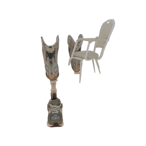 3D render of a prosthetic leg with a grey sneaker attached, standing next to a modern white chair against a black background.