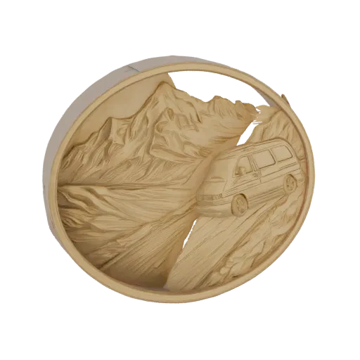 3D model of a relief sculpture depicting a caravan driving through a mountain landscape with a lake.